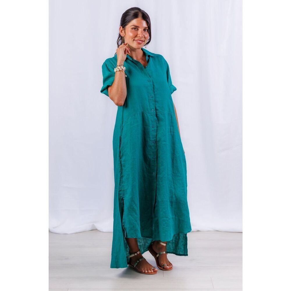 Sea Lustre Tula Midi Dress Green Linen Summer Resort Boho Vacation Size S/XS NWT - Picture 2 of 6